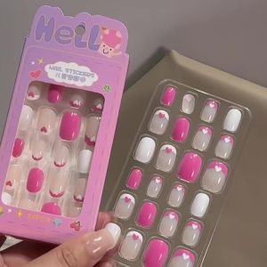 24Pcs/Box Cartoon Kids Press On Nails Black Flower French Tips False Nails Full Cover Fake Nails for Children Daily Holiday Wear