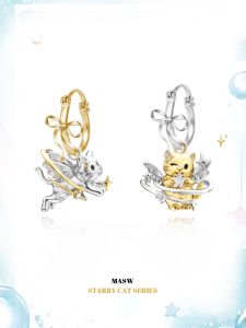 MAXIU | Bông Tai Hình Con Mèo Dễ Thương Không Đối Xứng Có Sao Và Bướm