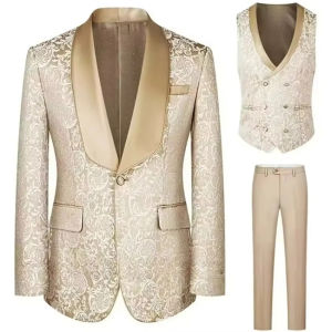 Elegant Fitted Tuxedo 3-Pieces Champagne Jacquard Mens Formal Smoking Suit With Lapel Blazer Set for Groom Wedding Best Man