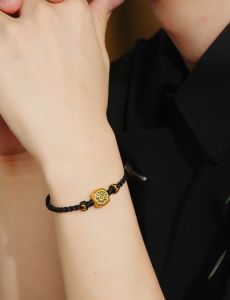 ZHOU LIU FU 周六福 สร้อยข้อมือทองคำ 99% 24K Dragon Charm Black Braided Bracelet 18+6CM A1720885