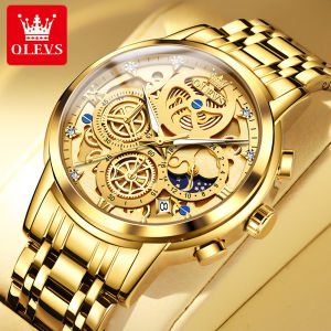 OLEVS Full Hollow Mens Watches Chronograph Multifunction Waterproof Moon Phase Quartz Watch for Men