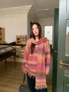 NIHAOKANONG | Áo Sweater Cổ V Dải Màu Đan Sọc Phong Cách Thoáng Mát Giúp Gầy