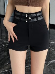 กางเกงขาสั้นเอวสูงลายทางลายดอกไม้สีดำสำหรับผู้หญิง กางเกงขายาวทรงหลวมแบบลำลอง ทรงเข้ารูป แขนยาว ฤดูใบไม้ร่วง 2023