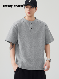 Henry Neck Short Sleeve T-Shirt Loose and Breathable