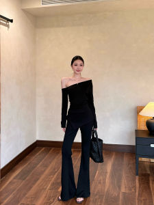 Early Autumn Womens Fashion High-End Feeling Spicy Girl Slant Shoulder Long Sleeve T-shirt plus Casual Long Pants Two-Piece Set