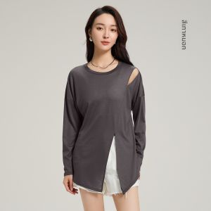 MiiOW | เสื้อยืดแขนยาวผ้าไหม Lenzing สำหรับผู้หญิง ฤดูร้อน 2025 ทรงหลวม สไตล์ลำลอง ผ้าฝ้ายผสมโพลีเอสเตอร์ ทรงหลวม ปกตั้ง