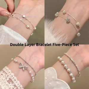Mystic Starlight Pearl Bracelet Womens Fashion Jewelry Double Layered Butterfly Knot Stylish Minimalist Starry Sky Design