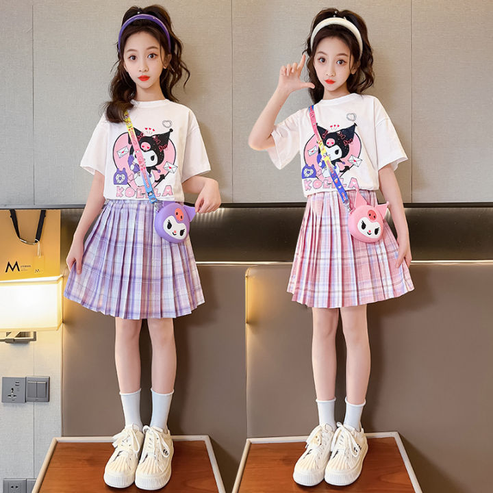 2pcs Terno Pleated Skirt for Kids Girl Jk Uniform Kuromi Sweet T-shirt and  JK Dress 5-16 Years Old Cute Pleated Skirt Korean Fashion Short Sleeve