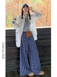 Retro Blue Plaid Loose Wide Leg Casual Pants Womens High Waist Spring New Style Comfortable Slimming Walking Long Trousers