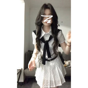 LIRUSHAN | College Style Pretty Fitted White Polka Dot Shirt Dress