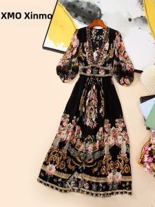 XMO | V-Neck High-Waist Printed Silk Dress