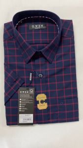 OWEN SALE - Áo Sơ Mi Owen Tay Ngắn Màu Navy - Đỏ Họa Tiết Caro Form Body Fit Lai Ngang Chính Hãng