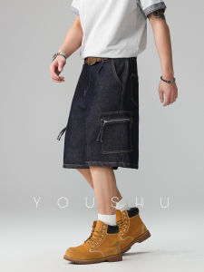 Zip Pockets Mens Denim Shorts Summer Straight Fit Loose Five-Pocket