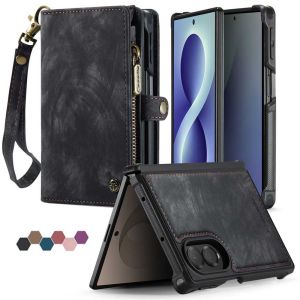 Compatible for Samsung Galaxy Z Fold 8 Ultra / 8/7/6 Wallet CaseZipper Folio Leather Case Wallet with Card Holder Strap Wristlet Detachable Magnetic Protective Back Case (Black)