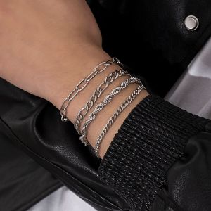 Ingemark | 4Pcs/Set Vintage Silver Color Twisted NK Chain Bracelets for Men Goth Cuban Adjustable Link Charm Bangles Couple Hand Jewelry