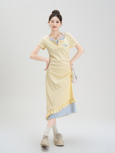 Nurture One | Milk Yellow Sweet Style Pseudo Two-Piece Halter Neck Dress with Checkerboard Patchwork and Waist Tying