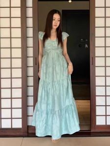 Summer Womens Slim Fit Long Dress with Ruffle Sleeve Dyed Tie Gown Korean Style V Neck a Line Polyester mid Long Skirt