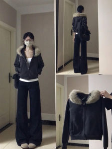 SUHUIQIAN | Fluffy Fleece Hooded Coat with Fur Collar Black