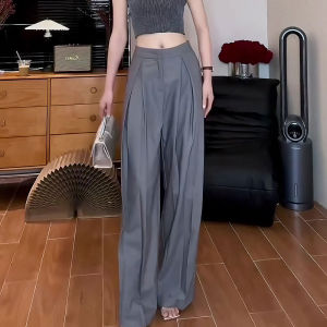 Gray High Waist Straight Leg Pants Womens Summer New Long Tall Wide Leg Pants Drapey Floor-Length Suit Trousers Korean Style
