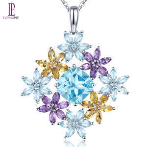 Lohaspie Jewelry Pure 7.8 Carats 925 Sterling Silver Amethyst Pendant Natural Sky Blue Topaz Amethyst Citrine Pendant Citrine Stone Original Pendant Women Fashion Pendant Jewelry