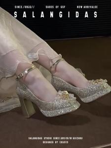 Princess Style Wedding Shoes French Style Chunky Heel Embroidered Sequin Mary Janes Waterproof Platform High Heels for Women