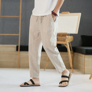 Summer Cotton Linen Mens Casual Pants Loose Thin Stripe Slim Fit Trousers Youth Fashion Low Waist Nine Point Pants