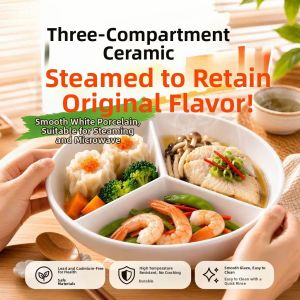 ZHENMIAO | Heat Resistant Ceramic Steamer with Dividers Lid Round Deep Steam Basket