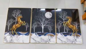 Bộ 3 tranh treo tường bóng kính laminate VTC Song mã màu vàng kim 202006111433220344123 TG nhiều kích thước