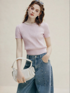 FAMANXUAN | Women Pink Silk Wool Knit Top