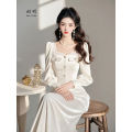 Elegant White Velvet Dress Women's Spring Autumn New Style Commute Korean Version Pure Color Waist Cinched Long Sleeve Midi Skirt. 