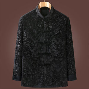 Black Velvet Jacket Mens Traditional Chinese Style Spring Coat Elderly Fashionable Dad Clothes Retro Ethnic Trend for Dads