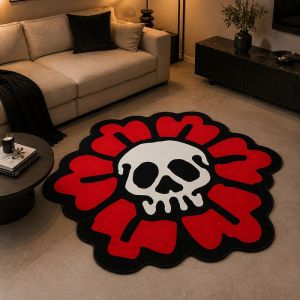 VIKAMA Skull Flower Round Rug Dark Aesthetic Non Slip Living Room Bedroom Carpet Home Decor