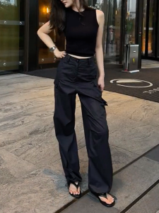 American Style High Waist Straight Leg Workwear Pants Womens New Design Slimming Large Size Casual Long Trousers Black