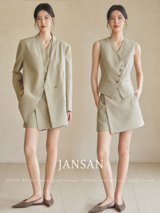 JANSAN Fine Spun Wool High Intelligence Sensation Design Vest Suit Jacket And Skirt Three Piece Set Elegant Style Long Sleeve V Neck