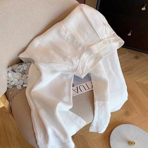 กางเกงขายาวทรงหลวมเอวสูงผ้าลินินสีขาวสำหรับผู้หญิงในช่วงฤดูร้อน กางเกงขายาวทรงหลวมสำหรับผู้หญิง ชุดสูทผ้าลินิน สไตล์สตรีท ลำลอง