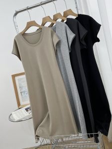 Summer Womens Loose Slimming Pure Cotton T-Shirt Dress U-Neck Short Sleeve Midi Dress Korean Style High Waist Fly Sleeve