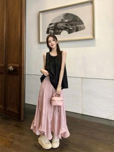 Pink High Waist A-Line Midi Skirt Elegant Gentle Style Fish Tail Skirt Summer New Arrival Womens Fashion Korean Version Polyester Fabric