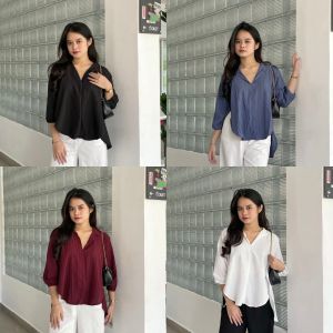 Baju Blouse Wanita Atasan Lengan Panjang Lady Crush Crinkle Anti Lecek Korean Style Kekinian Terbaru Ootd Reina Top by Clashe