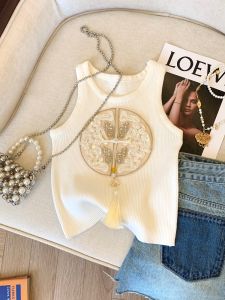 Elegant Chinese Style Embroidered Knitted Vest Womens Summer New Fashion Heavy Industry Sleeveless Belted Outerwear Slim Fit Top
