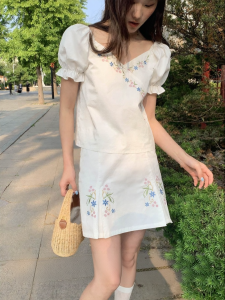 NIHAOKANONG | Bộ Đầm A-Line Tay Ngắn Thêu Pháp