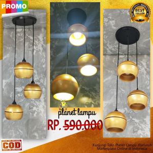 Lampu Gantung Hias Minimalis 3 In 1 Dekorasi Ruang Tamu Kamar Cafe Vintage Modern(Gold Plafon Hitam