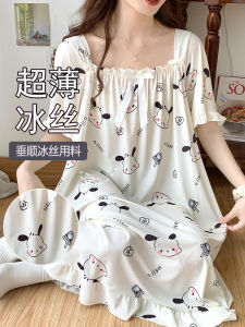 Ice Silk Nightdress Female Summer Ins Style Cartoon Large Size Short Sleeve Summer Thin Student Cute Fat mm 100.00kg Night Dress