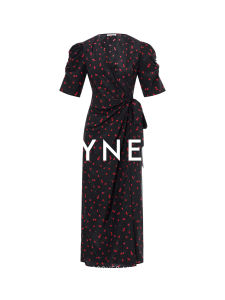 Summer Slimming Cherry Print V-Neck Puff Sleeves Wrap Dress