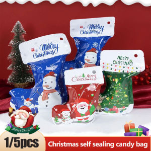 YESPERY 1/5pcs Christmas Socks Shape Candy Bag Christmas Theme Self-sealing Candy Bag with Hanging Hole Christmas Packaging Bags