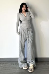 High Waist Wide Leg Casual Pants Womens Spring Autumn Long Cuff Slimming Sports Drawstring Sweatpants Casual Trousers