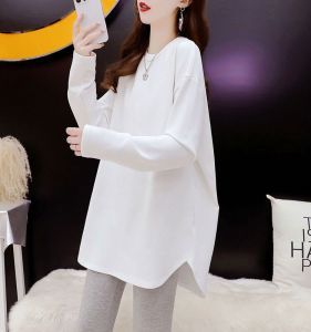 Áo Thun Cotton Dài Tay Màu Trắng Lót Lông Cừu Cho Nữ Mùa Thu Đông Phong Cách Hàn Quốc Cổ Tròn Dáng Rộng