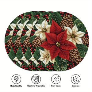 VIKAMA 4-Piece Christmas Poinsettia Pinecone Placemats Holiday Gathering Family Dining Table Decor Accessories Party Decor