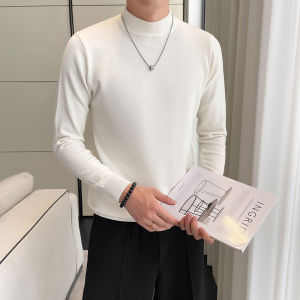 เสื้อสเวตเตอร์คอปกสูงบุขนแกะสีดำสำหรับผู้ชาย ทรงเข้ารูป หนา แฟชั่นเกาหลี ลำลอง สวมใส่สบาย เสื้อเชิ้ตถัก