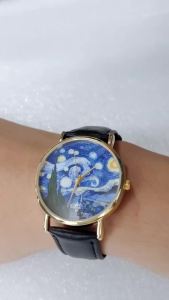 Van Gogh Painting Dial Watches for Women Men Metal Case Leather Strap Quartz Watches Artwork The Starry Night Woman Watches Gift