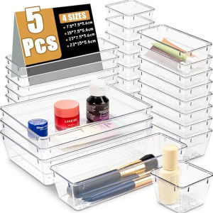 5Pcs Transparent Drawer Organizer Box / Plastic Table Organizer Trays / Stackable Sundries Storage Containers for Makeup Jewelries Stationeries Kitchen Utensils